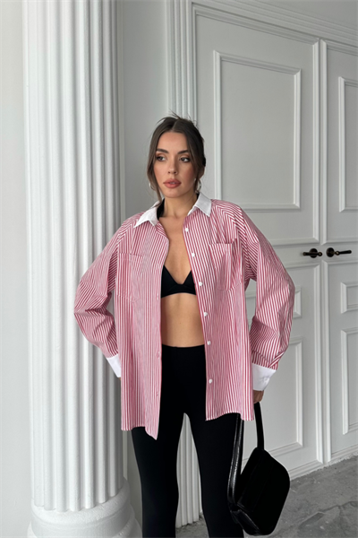 YAKA VE MANŞET BEYAZ  BOYFRİEND ÇİZGİLİ  POPLİN GÖMLEK - Bordo