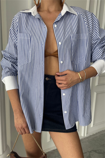 YAKA VE MANŞET BEYAZ  BOYFRİEND ÇİZGİLİ  POPLİN GÖMLEK - Mavi