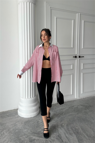 YAKA VE MANŞET BEYAZ  BOYFRİEND ÇİZGİLİ  POPLİN GÖMLEK - Bordo