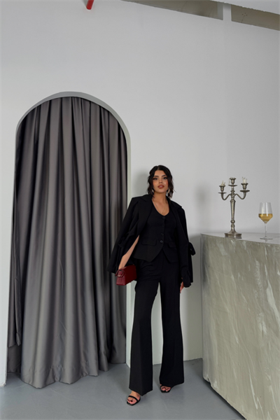 YANLARI KUŞAK DETAYLI CEKET -YELEK - PANTOLON TAKIM - Siyah