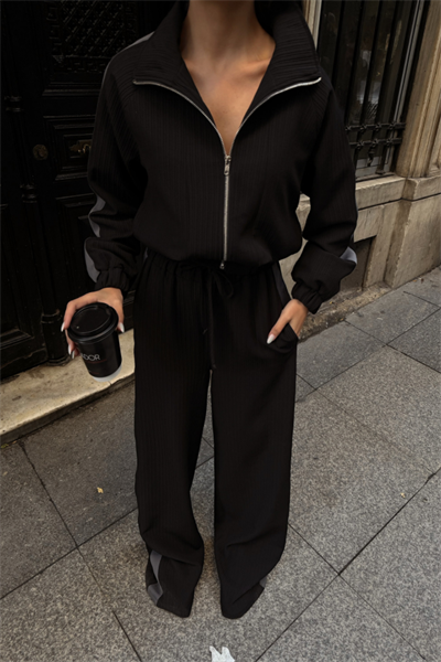 YANLARI ŞERİT DETAYLI OTTOMAN KAPİŞONLU EŞOFMAN TAKIM - Siyah