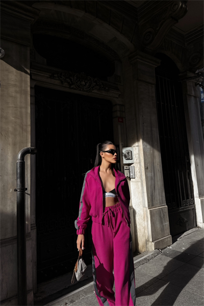 YANLARI ŞERİT DETAYLI OTTOMAN KAPİŞONLU EŞOFMAN TAKIM - Fuşya