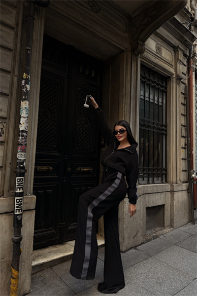 YANLARI ŞERİT DETAYLI OTTOMAN KAPİŞONLU EŞOFMAN TAKIM - Siyah