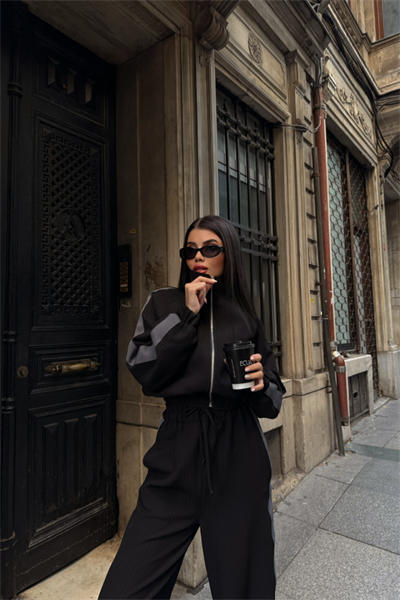 YANLARI ŞERİT DETAYLI OTTOMAN KAPİŞONLU EŞOFMAN TAKIM - Siyah