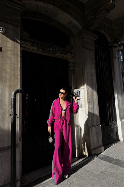 YANLARI ŞERİT DETAYLI OTTOMAN KAPİŞONLU EŞOFMAN TAKIM - Fuşya