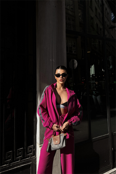 YANLARI ŞERİT DETAYLI OTTOMAN KAPİŞONLU EŞOFMAN TAKIM - Fuşya