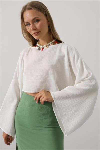 YARASA KOLLU CROP BLUZ - Beyaz