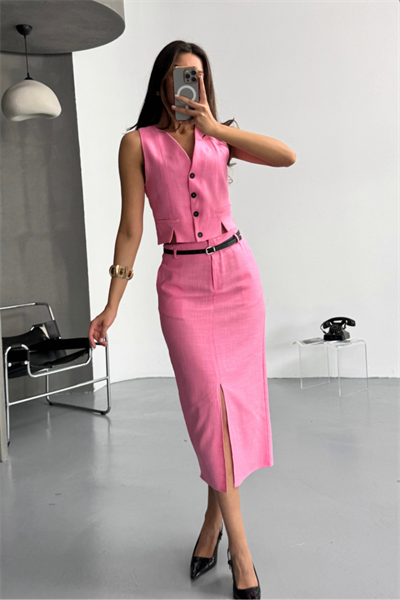 YELEK-ÖNDEN YIRTMAÇLI ETEK TK ŞANTUK KETEN - Pembe