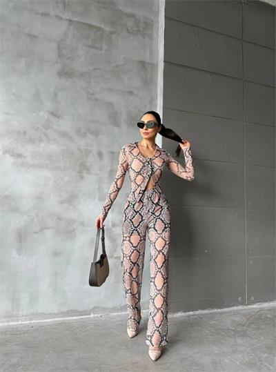 YILAN DESEN TÜL CROP GÖMLEK-PANTOLON TK - Bej