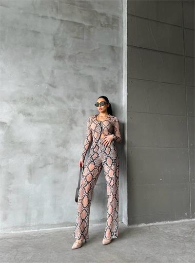 YILAN DESEN TÜL CROP GÖMLEK-PANTOLON TK - Bej