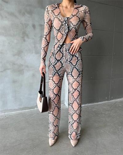 YILAN DESEN TÜL CROP GÖMLEK-PANTOLON TK - Bej