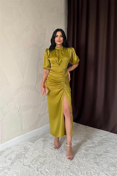 Yağ Yeşili Büzgülü Saten Elbise