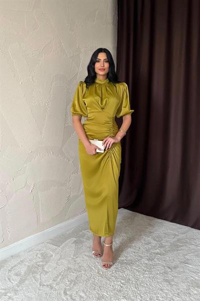 Yağ Yeşili Büzgülü Saten Elbise