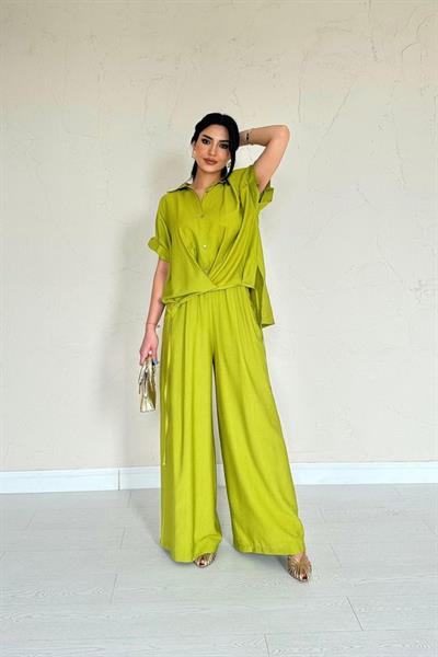 Yağ Yeşili Önü Pileli İkili Keten Takım