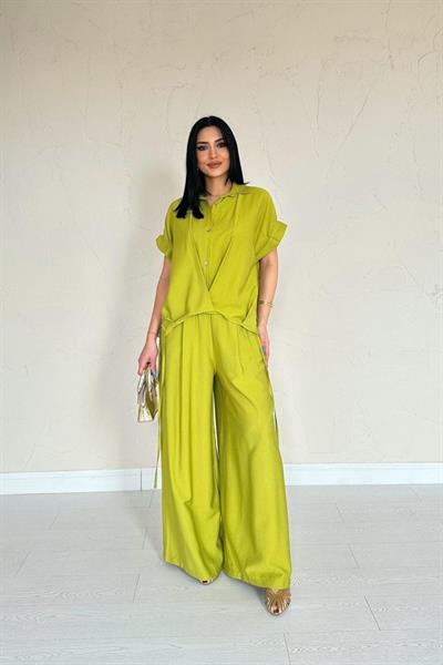 Yağ Yeşili Önü Pileli İkili Keten Takım