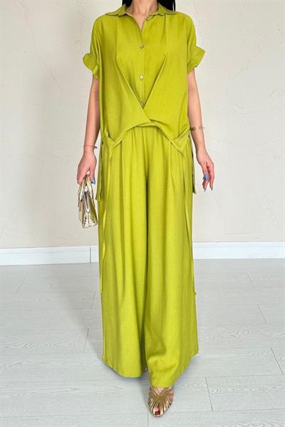 Yağ Yeşili Önü Pileli İkili Keten Takım