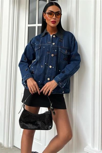 Yaka Siyah Garni Pul Payet Taşlı Oversize Denim Ceket 6125