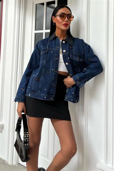 Yaka Siyah Garni Pul Payet Taşlı Oversize Denim Ceket 6125