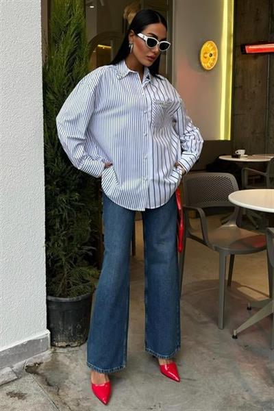 Yaka Ve Cebi Taşlı Çizgili Over Gömlek 3406