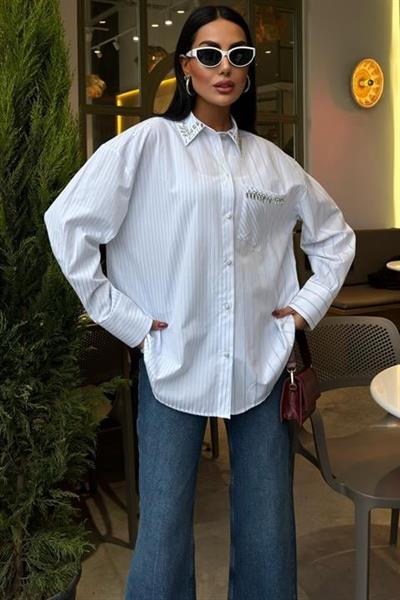 Yaka Ve Cebi Taşlı Çizgili Over Gömlek 3406