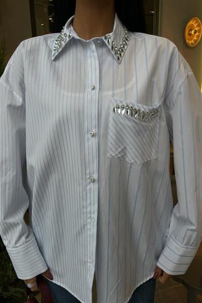 Yaka Ve Cebi Taşlı Çizgili Over Gömlek 3406