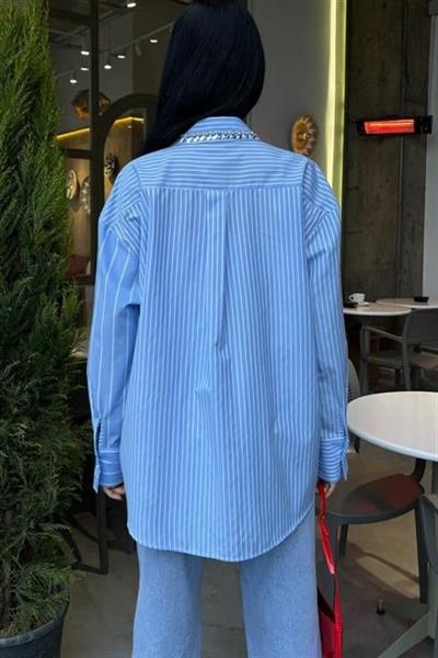 Yaka Ve Cebi Taşlı Çizgili Over Gömlek 3406