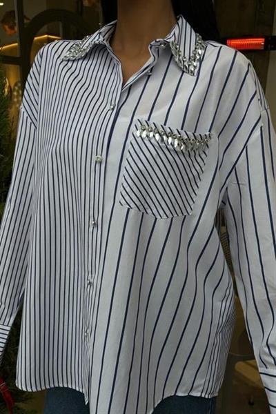 Yaka Ve Cebi Taşlı Çizgili Over Gömlek 3406