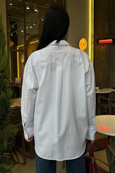 Yaka Ve Cebi Taşlı Çizgili Over Gömlek 3406