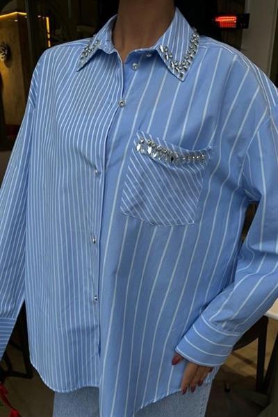 Yaka Ve Cebi Taşlı Çizgili Over Gömlek 3406