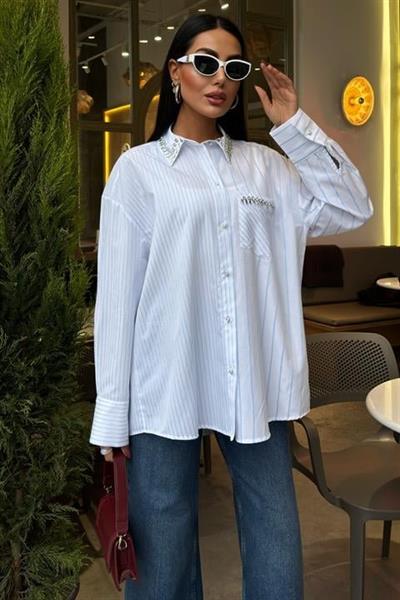 Yaka Ve Cebi Taşlı Çizgili Over Gömlek 3406