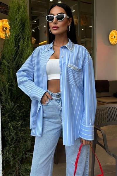 Yaka Ve Cebi Taşlı Çizgili Over Gömlek 3406