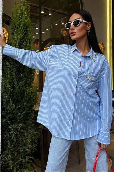 Yaka Ve Cebi Taşlı Çizgili Over Gömlek 3406