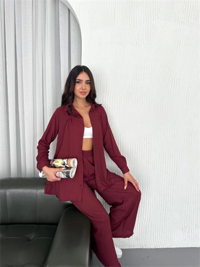 Yakalı Düğmeli Uzun Kollu Gömlek Pantolon Ikili Takım - Bordo