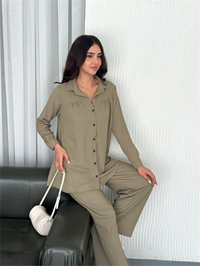 Yakalı Düğmeli Uzun Kollu Gömlek Pantolon Ikili Takım - Bej