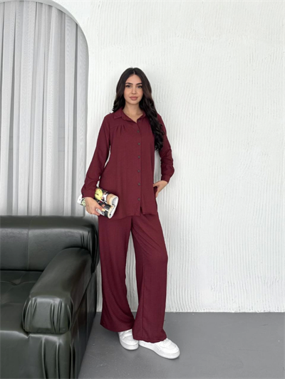 Yakalı Düğmeli Uzun Kollu Gömlek Pantolon Ikili Takım - Bordo