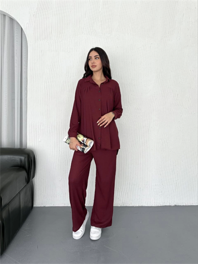 Yakalı Düğmeli Uzun Kollu Gömlek Pantolon Ikili Takım - Bordo