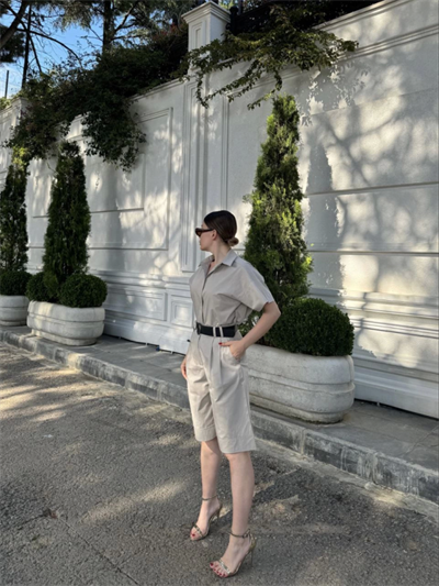 Yakalı Gömlek Kemerli Şortlu Takım - Gri