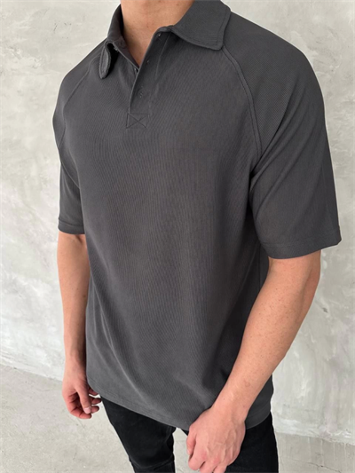 Yakalı Patlı Kısa Kol T-shirt - Antrasit