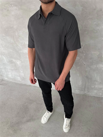 Yakalı Patlı Kısa Kol T-shirt - Antrasit