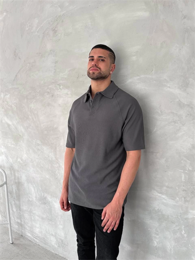 Yakalı Patlı Kısa Kol T-shirt - Antrasit