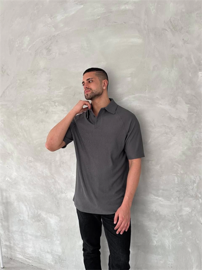 Yakalı Patlı Kısa Kol T-shirt - Antrasit