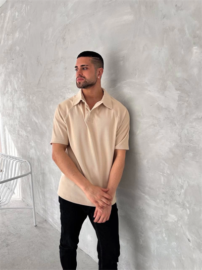 Yakalı Patlı Kısa Kol T-shirt - Bej