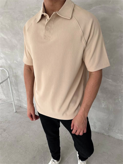 Yakalı Patlı Kısa Kol T-shirt - Bej