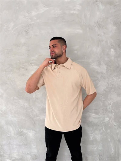 Yakalı Patlı Kısa Kol T-shirt - Bej