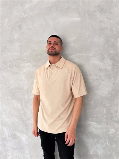 Yakalı Patlı Kısa Kol T-shirt - Bej