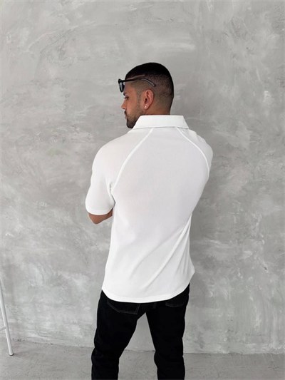 Yakalı Patlı Kısa Kol T-shirt - Beyaz