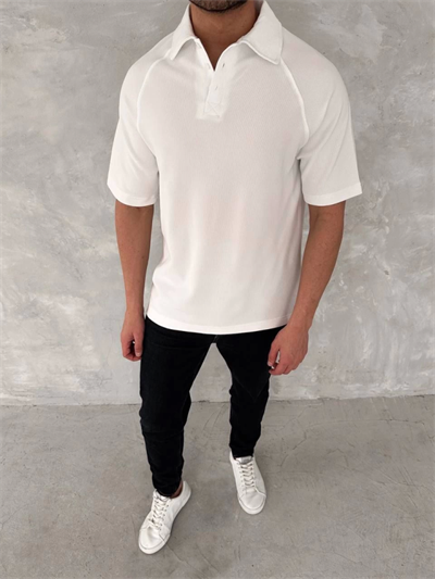 Yakalı Patlı Kısa Kol T-shirt - Beyaz