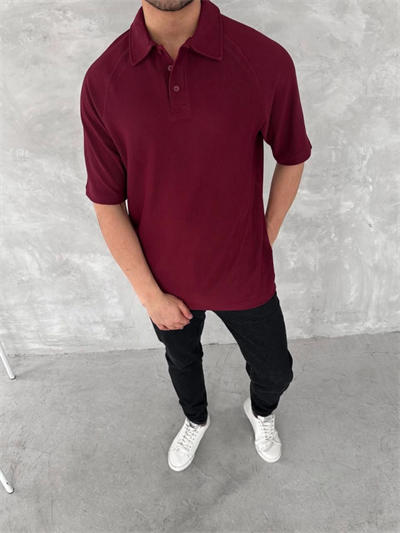 Yakalı Patlı Kısa Kol T-shirt - Bordo