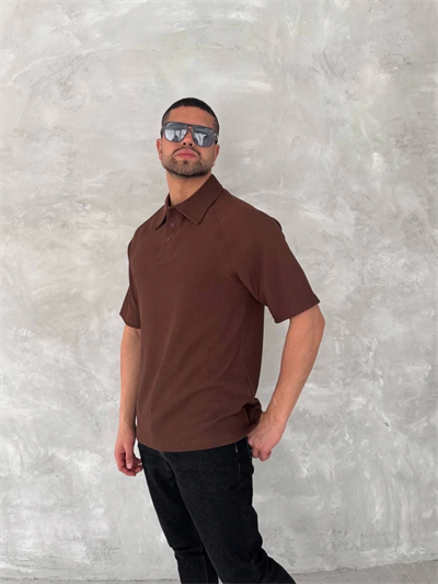 Yakalı Patlı Kısa Kol T-shirt - Kahverengi