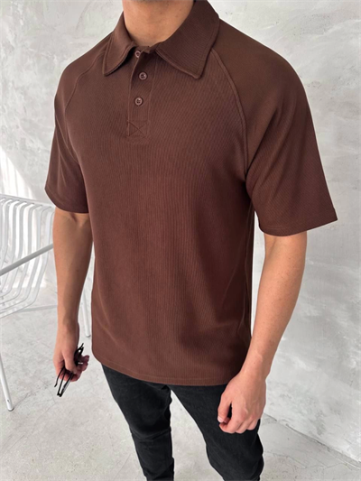 Yakalı Patlı Kısa Kol T-shirt - Kahverengi